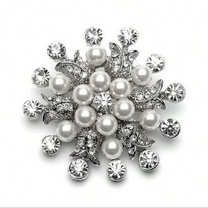 Faux Pearl And Rhinestone Snowflake Brooch Jewelry Pin Wedding Prom Party Gift